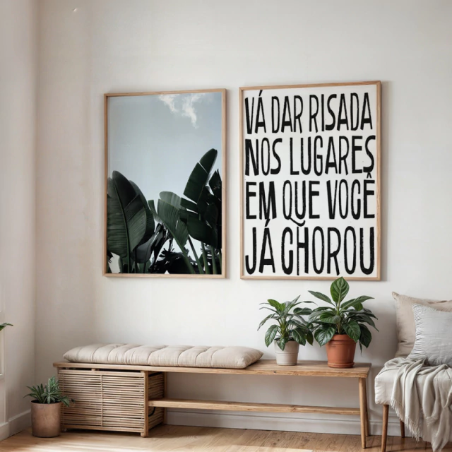 Kit 2 Quadros Folhas + Vá Rir Onde Chorou